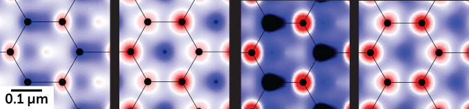 A series of four images showing how electrons move through graphene under laser illumination. Their density is represented by red, for higher, and blue and white for lower. Each shows six carbon atoms over a shifted background of those colors.